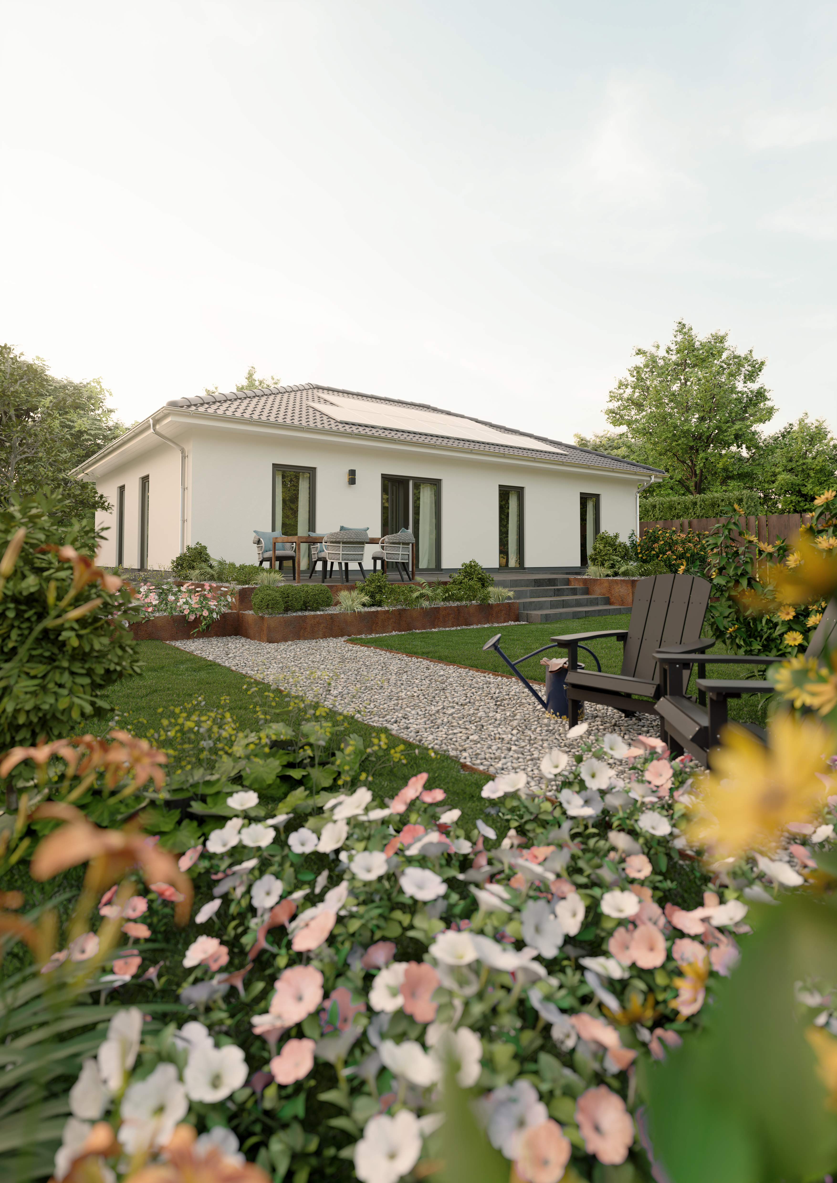 Bungalow 110 Gartenansicht mit Terrasse Bungalow 110 mit Terrasse, Blick vom Garten auf die moderne Fassade