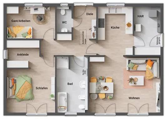 Grundriss Variante 5 mit großem Bad und Nebeneingang Bungalow 110 mit großem Bad, Gäste-WC, Ankleide und Hauswirtschaftsraum mit Nebeneingang