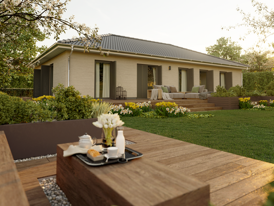 Der Bungalow 131 in Variante 1 beeindruckt durch seinen Giebelseiteneingang und eine durchdachte Raumaufteilung. Diese bietet eine klare Trennung zwischen den Bereichen, eine großzügige Diele mit Garderobe und gleich große Kinderzimmer.